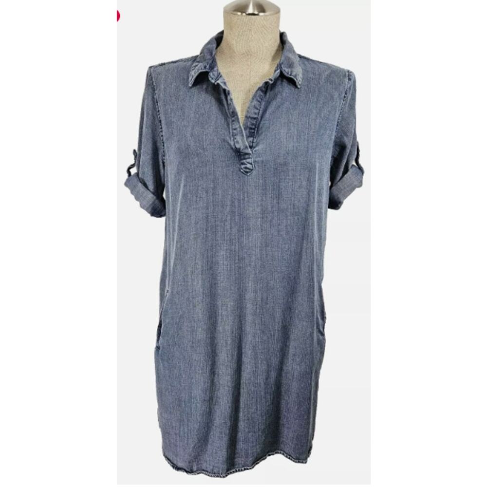 Velvet Heart Dress S 100% Tencel Chambray Shirt Dress Roll Tab Slv Collar Pocket